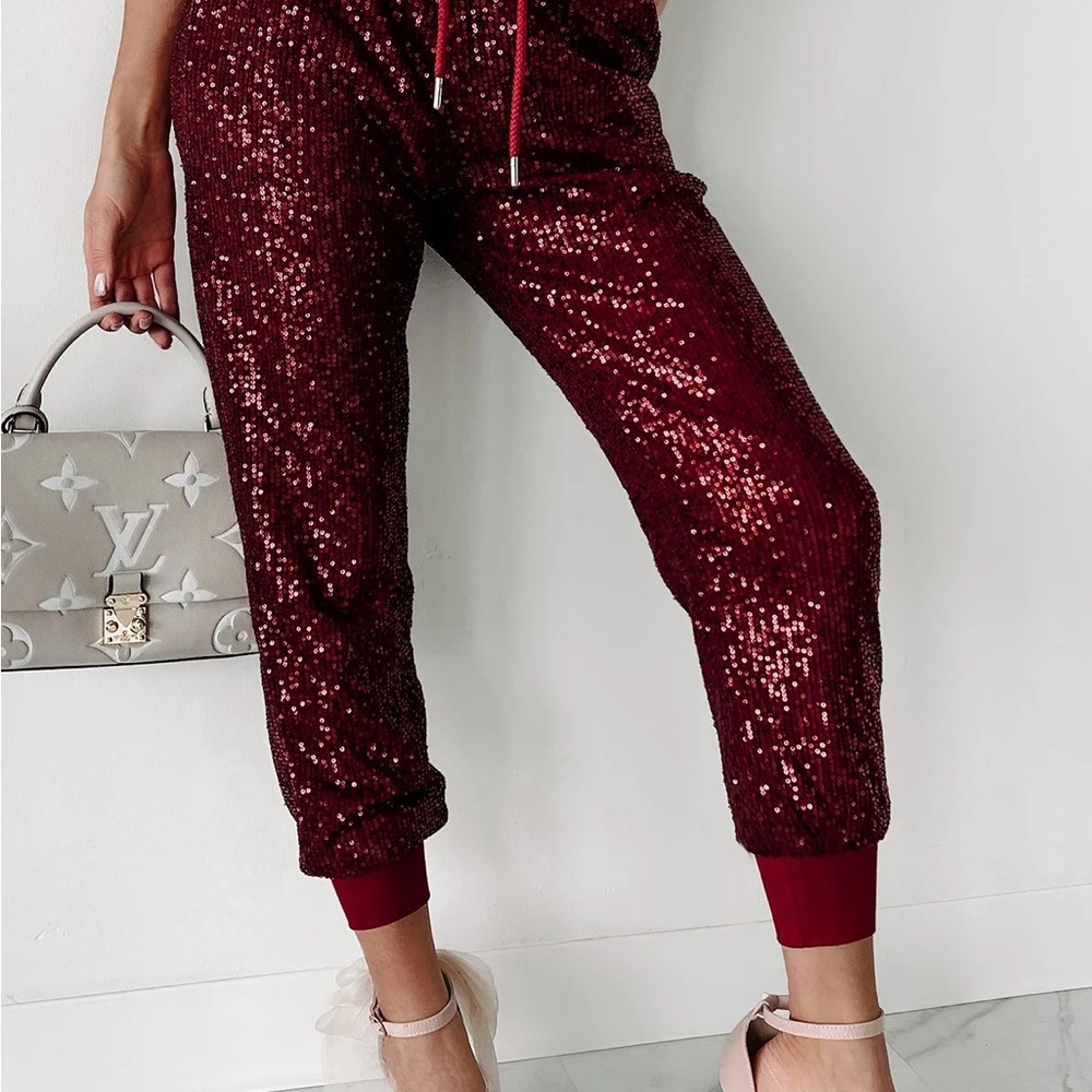 #86 Ritzy Wine Sequin Joggers- LAST ONE! - Picture 4 of 6